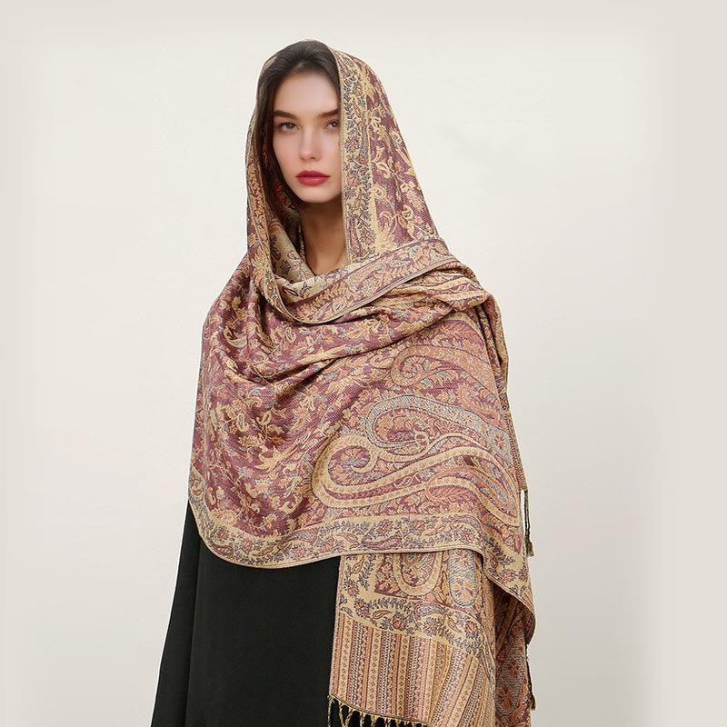 Buddha Stonesエスニック デイリー チベット ペイズリー柄 タッセル コージー スカーフ ショール - ライトコーラル - 70×180cm - image 32