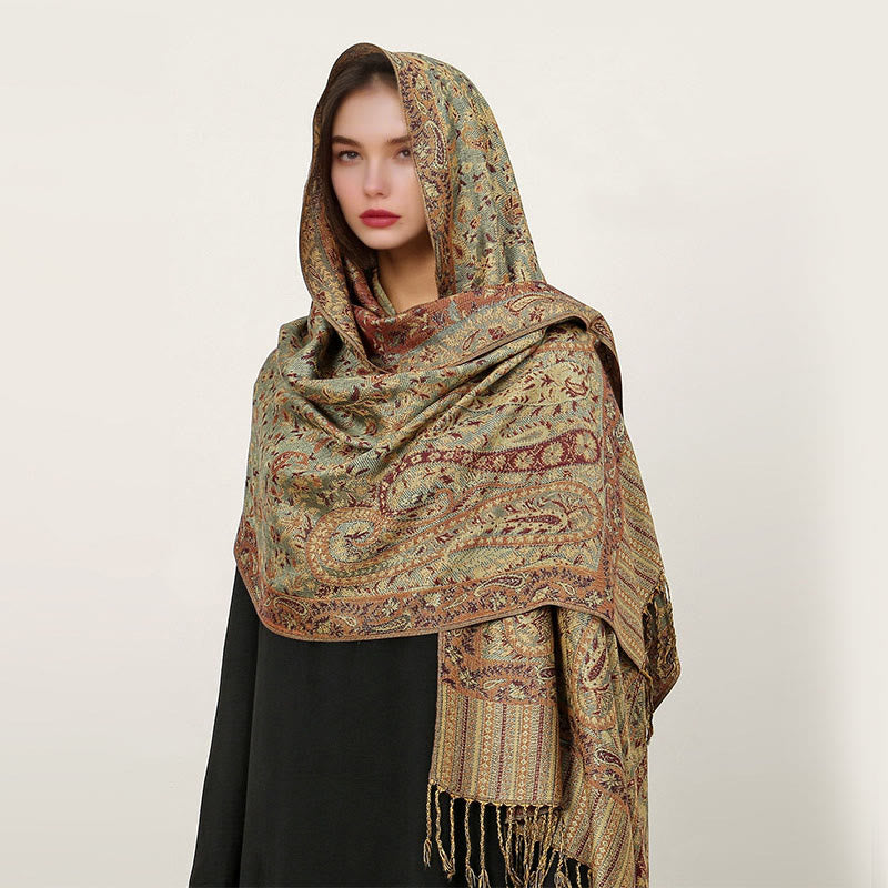 Buddha Stonesエスニック デイリー チベット ペイズリー柄 タッセル コージー スカーフ ショール - ダークシーグリーン - 70×180cm - image 28