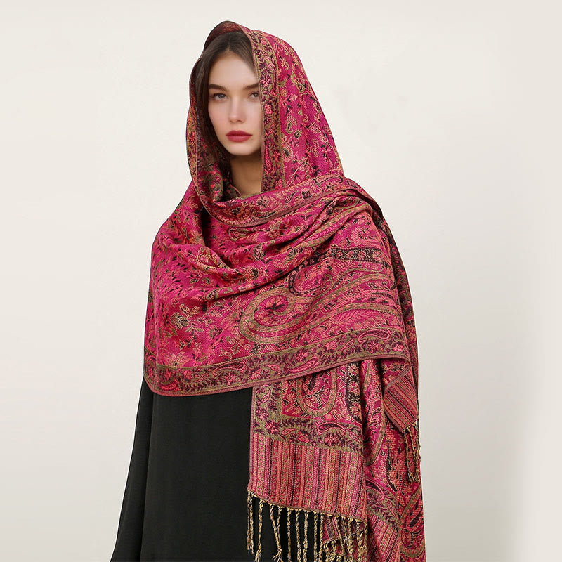 Buddha Stonesエスニック デイリー チベット ペイズリー柄 タッセル コージー スカーフ ショール - ミディアムバイオレットレッド - 70×180cm - image 6