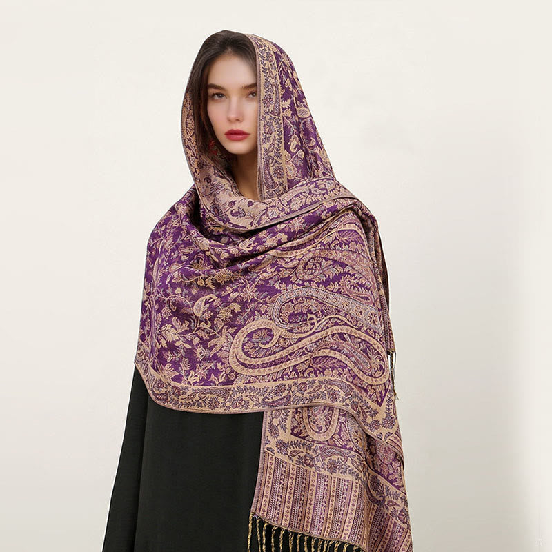 Buddha Stonesエスニック デイリー チベット ペイズリー柄 タッセル コージー スカーフ ショール - ダークマゼンタ - 70×180cm - image 26