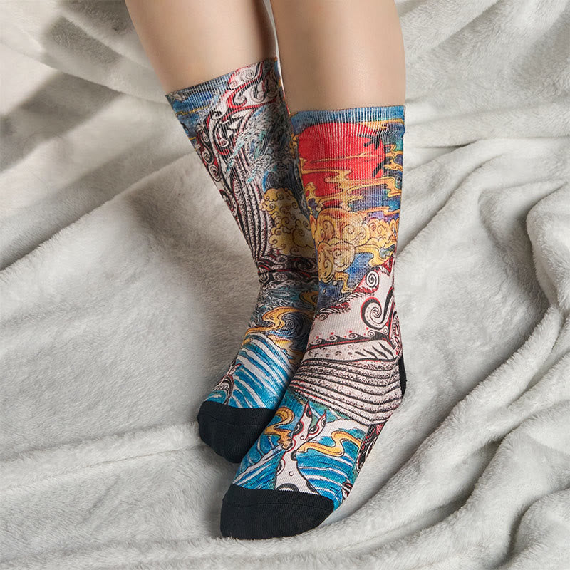 Buddha Stonesカジュアル ホエールウェーブ サンセット マイクロクルー メンズ レディース ユニセックス ソックス - image 5