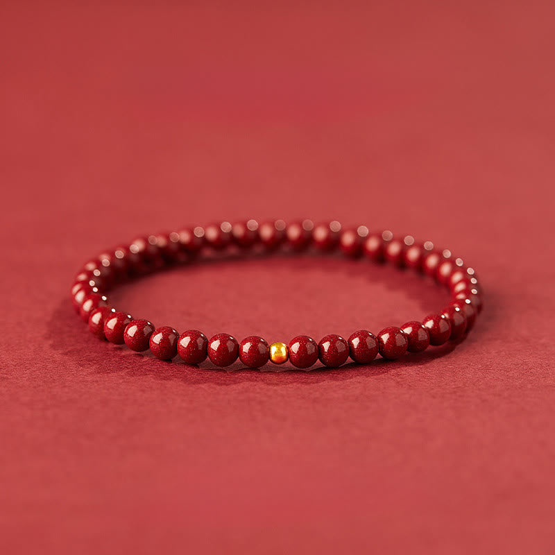 Buddha Stones999ゴールド 辰砂 シンプルデザイン 集中力ブレスレット - 4mm辰砂&3mm金ビーズ - image 0