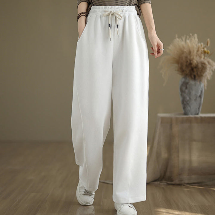 Buddha Stones無地ドローストリングコットンレディースワイドレッグパンツ(ポケット付き) - image 16