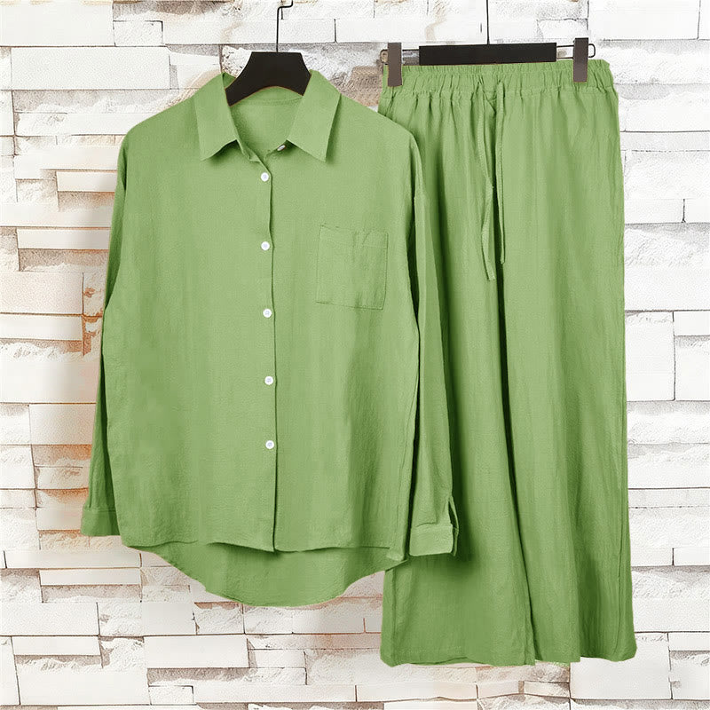 Buddha Stones 2点セット 長袖シャツ ポケット付きトップス ドローストリングパンツ 瞑想用コットンリネン服 レディース セット - image 5