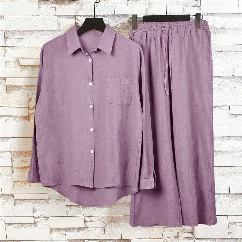 Buddha Stones 2点セット 長袖シャツ ポケット付きトップス ドローストリングパンツ 瞑想用コットンリネン服 レディース セット - image 59