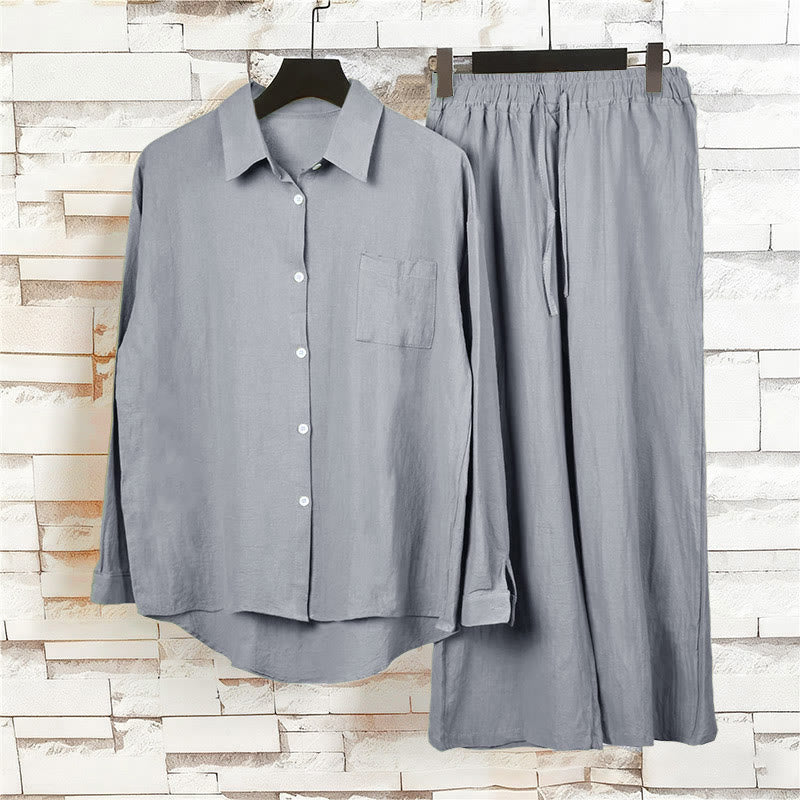 Buddha Stones 2点セット 長袖シャツ ポケット付きトップス ドローストリングパンツ 瞑想用コットンリネン服 レディース セット - image 52