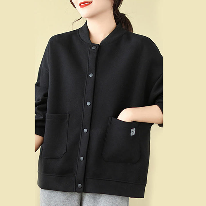 Buddha Stones無地 レディース ボタン クルーネック 長袖 コットンジャケット ポケット付き - image 4