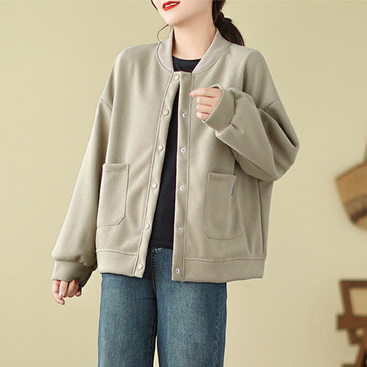 Buddha Stones無地 レディース ボタン クルーネック 長袖 コットンジャケット ポケット付き - image 10