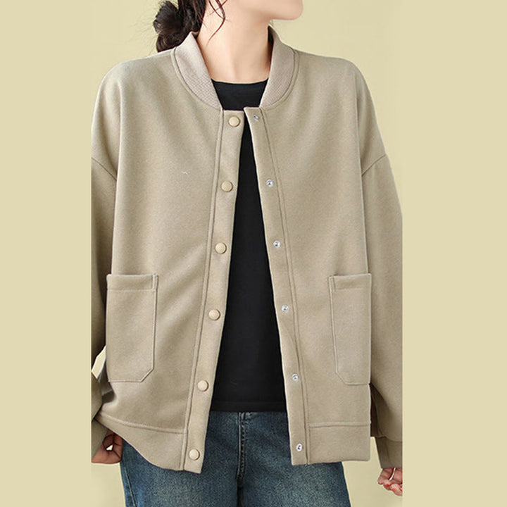 Buddha Stones無地 レディース ボタン クルーネック 長袖 コットンジャケット ポケット付き - image 8