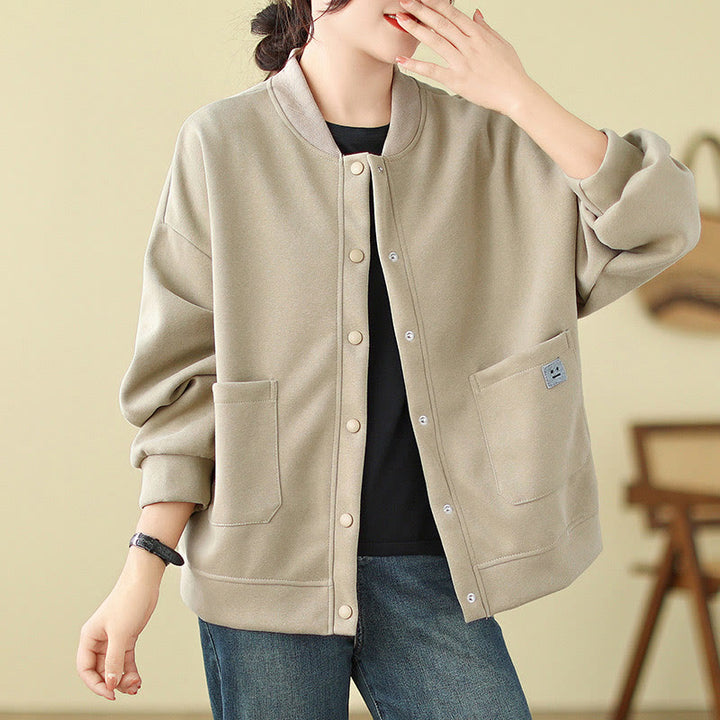 Buddha Stones無地 レディース ボタン クルーネック 長袖 コットンジャケット ポケット付き - ベージュ - US12、 UK/AU16、 EU44 (XL) - image 7