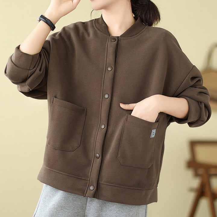 Buddha Stones無地 レディース ボタン クルーネック 長袖 コットンジャケット ポケット付き - image 19