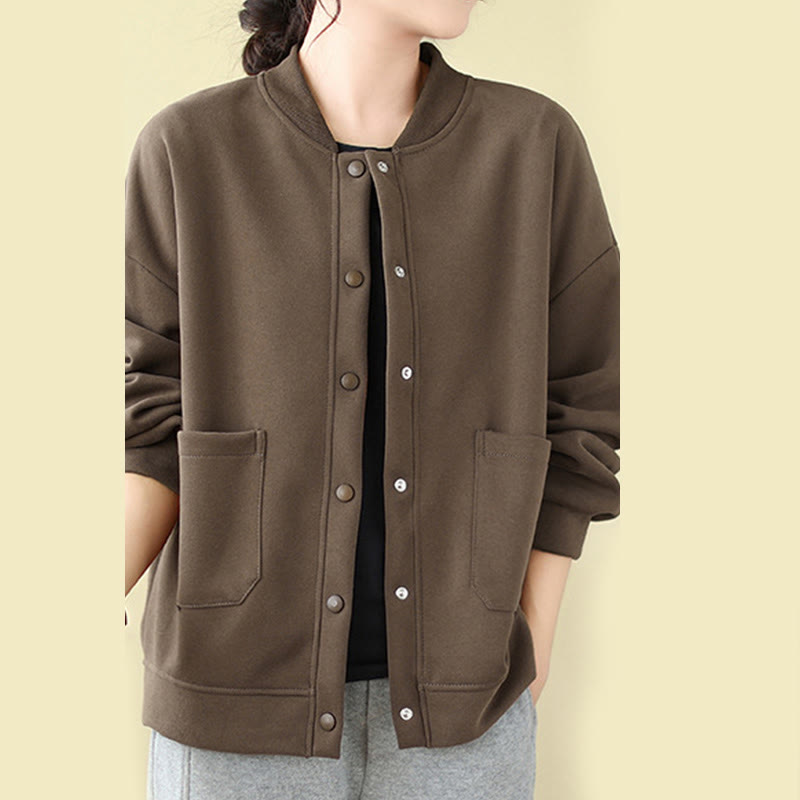 Buddha Stones無地 レディース ボタン クルーネック 長袖 コットンジャケット ポケット付き - image 20