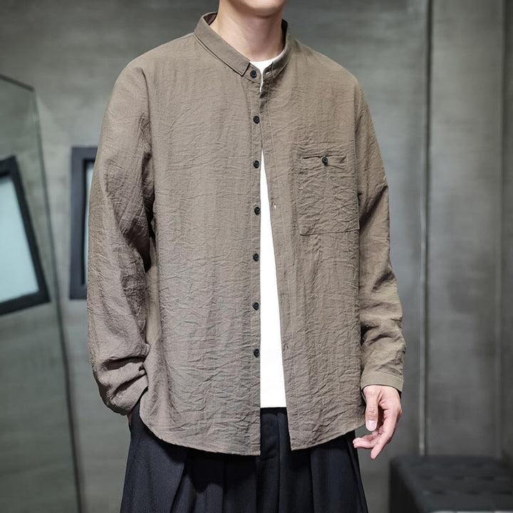 Buddha Stones春のメンズ 無地ボタンデザイン 長袖シャツ - タン - US/UK/AU46、 EU56 (5XL) - image 17