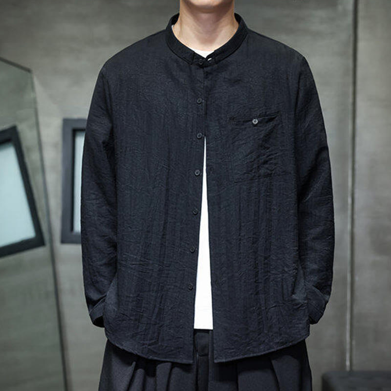 Buddha Stones春のメンズ 無地ボタンデザイン 長袖シャツ - image 3