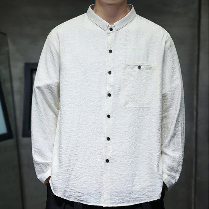 Buddha Stones春のメンズ 無地ボタンデザイン 長袖シャツ - image 7