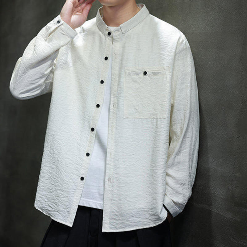 Buddha Stones春のメンズ 無地ボタンデザイン 長袖シャツ - image 14