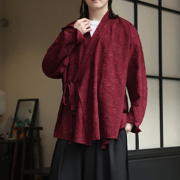 Buddha Stones春 Vネック 花柄 メンズ レースアップデザイン 長袖シャツ - マルーン - US/UK/AU50、EU60 (5XL) - image 8