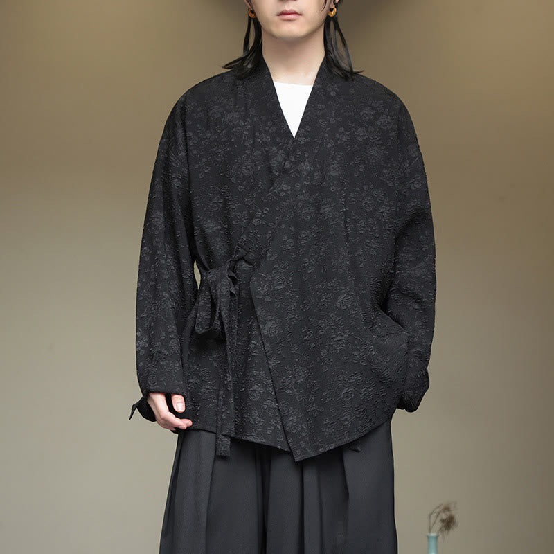 Buddha Stones春 Vネック 花柄 メンズ レースアップデザイン 長袖シャツ - 黒 - US/UK/AU50、EU60 (5XL) - image 0