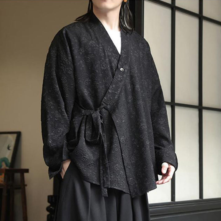 Buddha Stones春 Vネック 花柄 メンズ レースアップデザイン 長袖シャツ - image 3