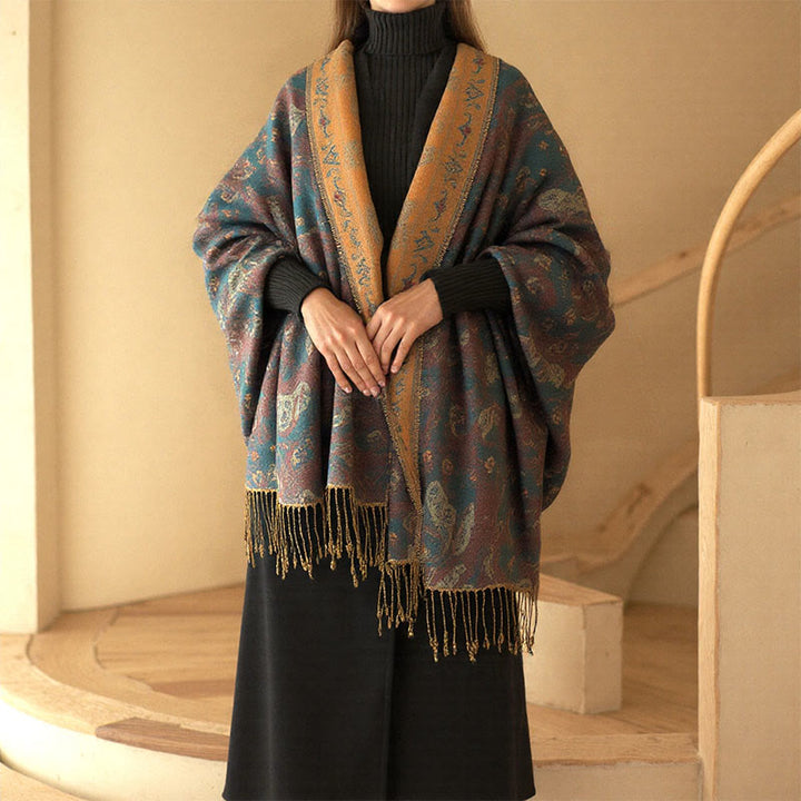 Buddha Stones春の花柄ペイズリー柄スカーフショール タッセル付き - ティール - 195×70cm - image 0