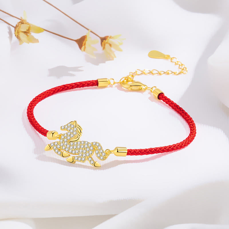 Buddha Stones925スターリングシルバーメッキ 18Kゴールド赤紐馬年強さブレスレット - 馬(手首周り14~18cm) - image 0