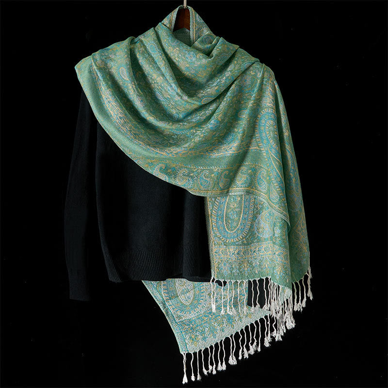 Buddha Stones春 グリーン カシューナッツフラワー 幾何学模様 ストライプ柄 タッセル 心地よいスカーフ ショール - image 7