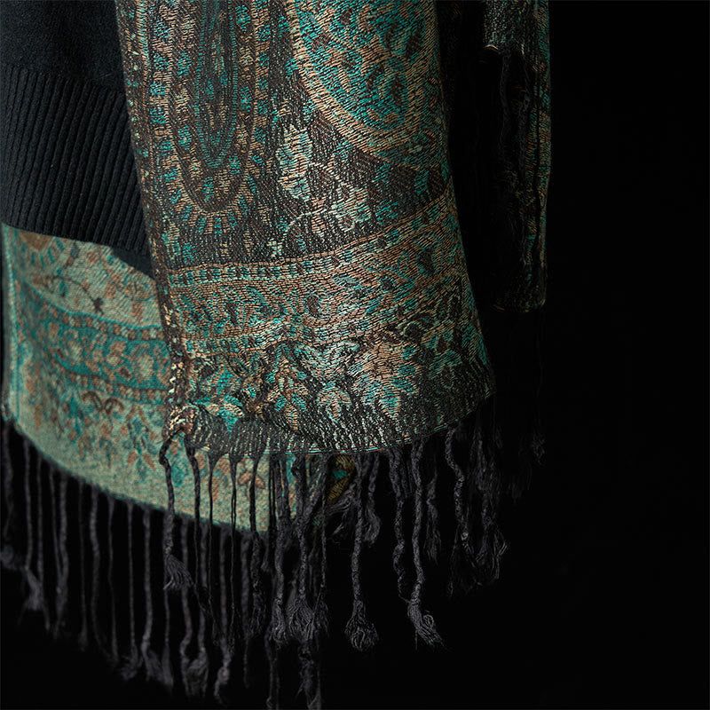 Buddha Stones春 グリーン カシューナッツフラワー 幾何学模様 ストライプ柄 タッセル 心地よいスカーフ ショール - image 5