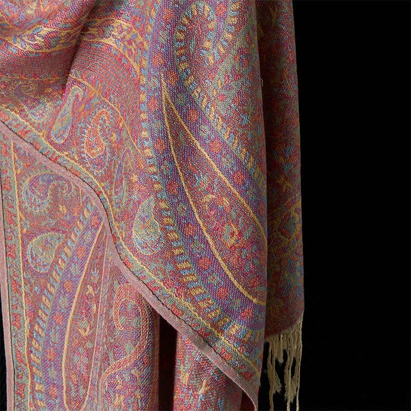 Buddha Stones春 赤 ピンク カシューフラワー 幾何学模様 ストライプ柄 タッセル 心地よいスカーフ ショール - image 9