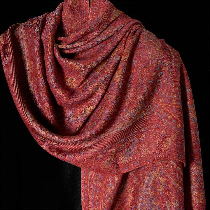 Buddha Stones春 赤 ピンク カシューフラワー 幾何学模様 ストライプ柄 タッセル 心地よいスカーフ ショール - image 3