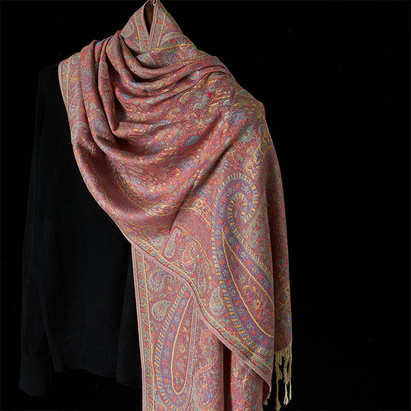 Buddha Stones春 赤 ピンク カシューフラワー 幾何学模様 ストライプ柄 タッセル 心地よいスカーフ ショール - ライトピンク - 170×70cm - image 5