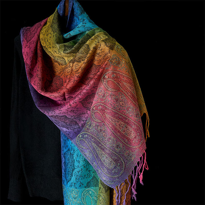 Buddha Stones春 カラフル グラデーション カシューフラワー 柄 タッセル コージー スカーフ ショール - スレートブルー - 180cm - image 10