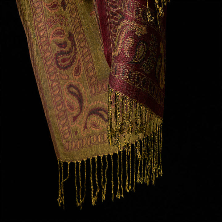 Buddha Stones春 マルーン カシューフラワー 花柄 葉柄 タッセル ソフト スカーフ ショール - image 6