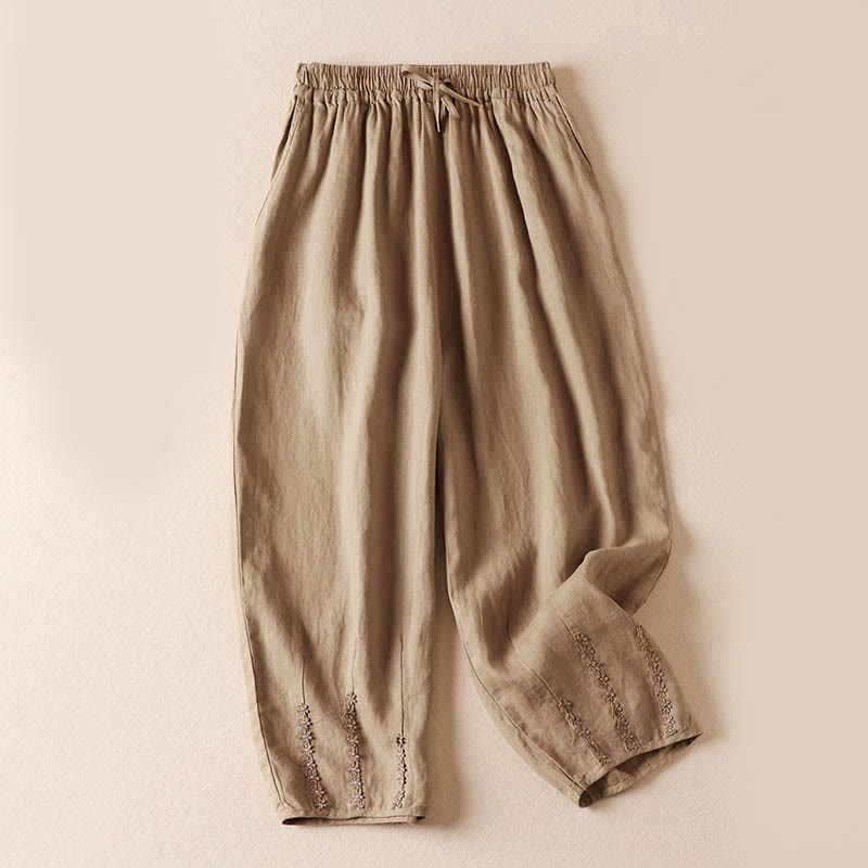 レディース ハーレムパンツ スモールフラワー刺繍 コットンリネン ポケット付き 夏用 Buddha Stones - 小麦 - US8-10,UK/AU12-14,EU40-42 (2XL) - image 0