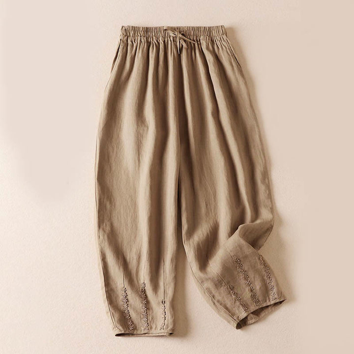 レディース ハーレムパンツ スモールフラワー刺繍 コットンリネン ポケット付き 夏用 Buddha Stones - 小麦 - US8-10,UK/AU12-14,EU40-42 (2XL) - image 0