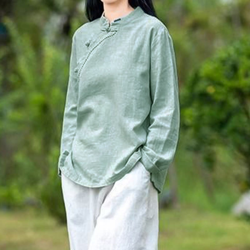 Buddha Stones斜め襟結びボタンゆったりリネン服 - image 3