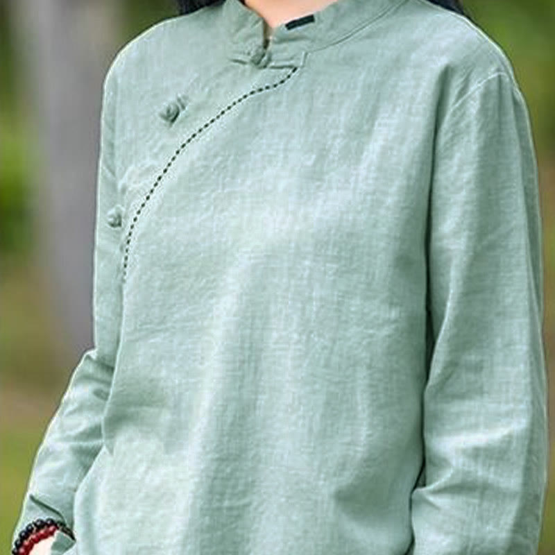 Buddha Stones斜め襟結びボタンゆったりリネン服 - image 7