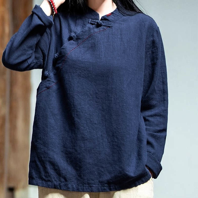 Buddha Stones斜め襟結びボタンゆったりリネン服 - image 17