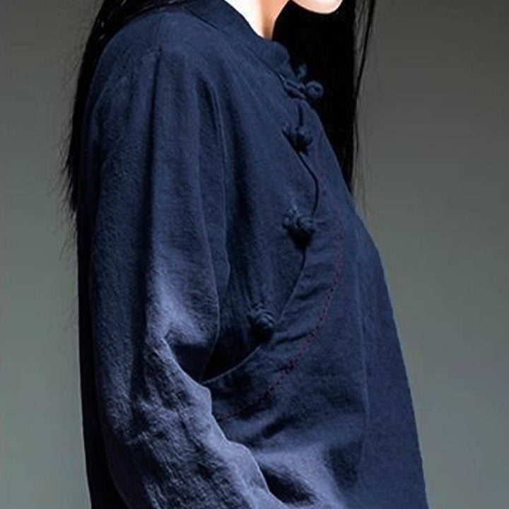 Buddha Stones斜め襟結びボタンゆったりリネン服 - image 15