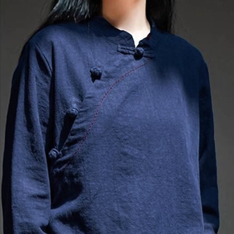 Buddha Stones斜め襟結びボタンゆったりリネン服 - image 19