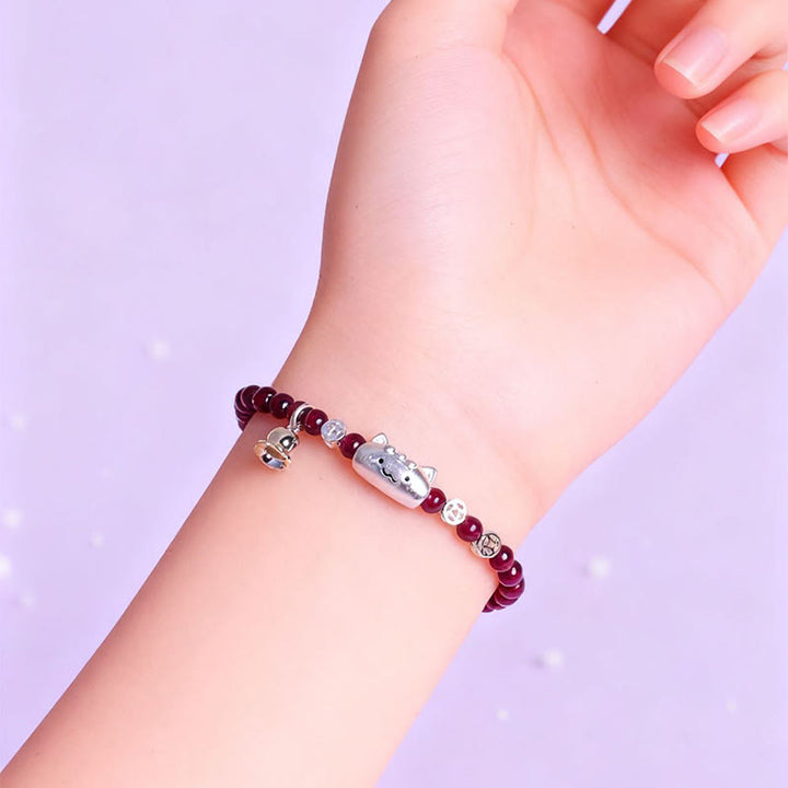 Buddha Stones 999スターリングシルバー 天然猫の頭モチーフガーネットプロテクションビーズブレスレット - image 5