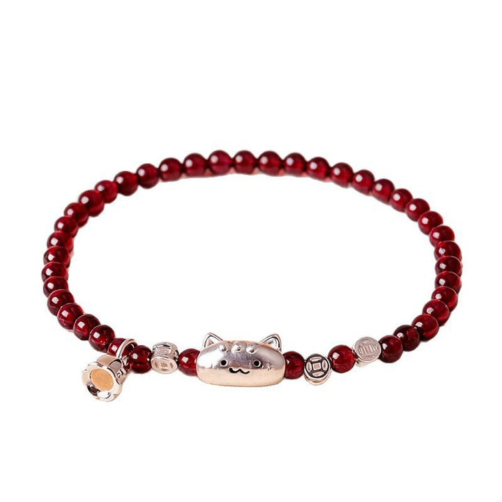 Buddha Stones 999スターリングシルバー 天然猫の頭モチーフガーネットプロテクションビーズブレスレット - image 4