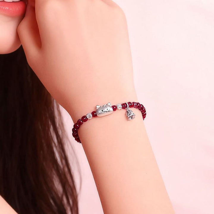 Buddha Stones 999スターリングシルバー 天然猫の頭モチーフガーネットプロテクションビーズブレスレット - image 7