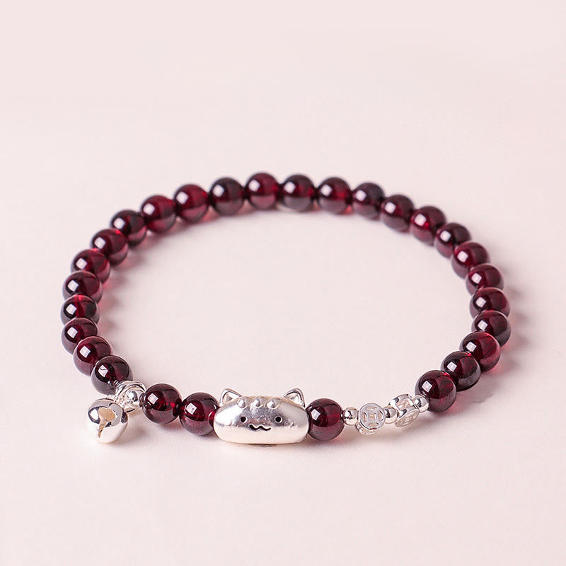 Buddha Stones 999スターリングシルバー 天然猫の頭モチーフガーネットプロテクションビーズブレスレット - 6mmガーネット(手首周り:13~15cm) - image 13