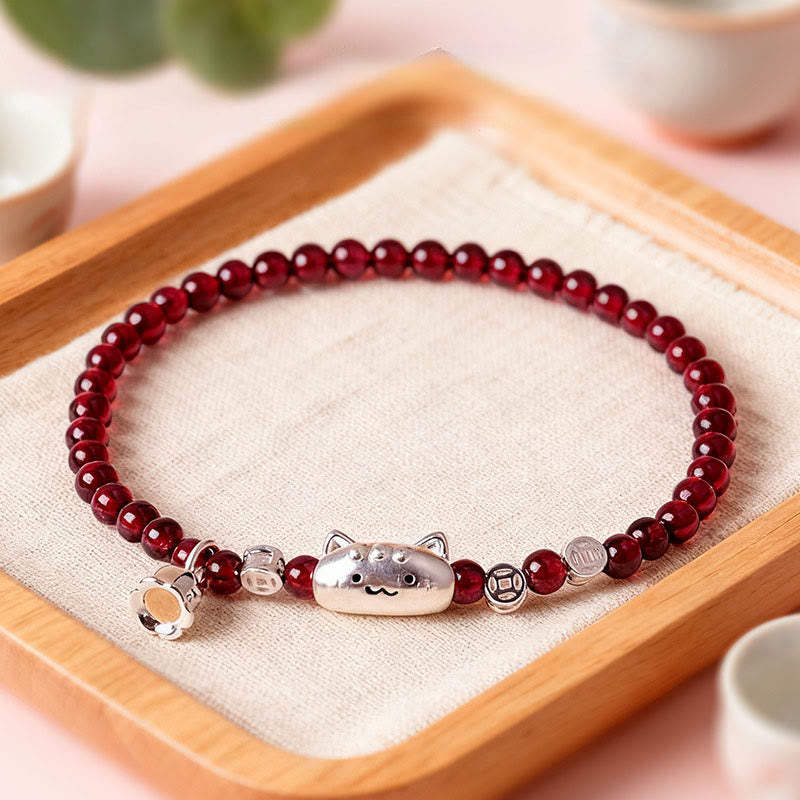 Buddha Stones 999スターリングシルバー 天然猫の頭モチーフガーネットプロテクションビーズブレスレット - 4mmガーネット(手首周り:13~15cm) - image 0