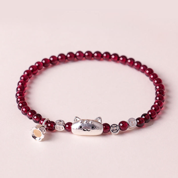 Buddha Stones 999スターリングシルバー 天然猫の頭モチーフガーネットプロテクションビーズブレスレット - image 1