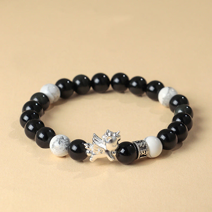 Buddha Stones999スターリングシルバー 馬年 天然黒曜石 菩提樹の強さブレスレット - ブラックオブシディアン(手首周り:13~15cm) - image 0