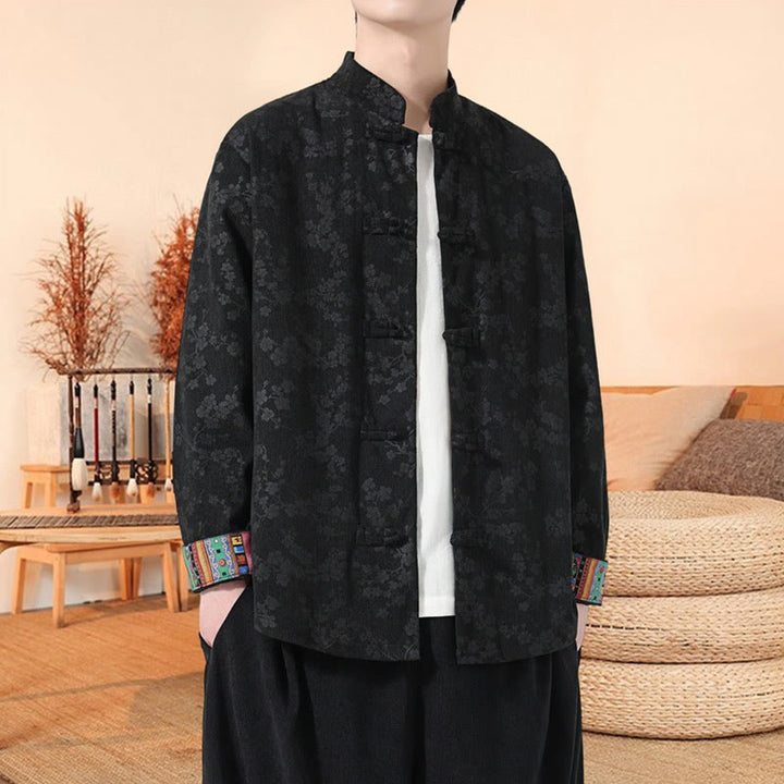 Buddha Stones無地 梅花柄 長袖 メンズ コットン コーデュロイ タンスーツ ジャケット - 黒 - US/UK/AU46、 EU56 (5XL) - image 4