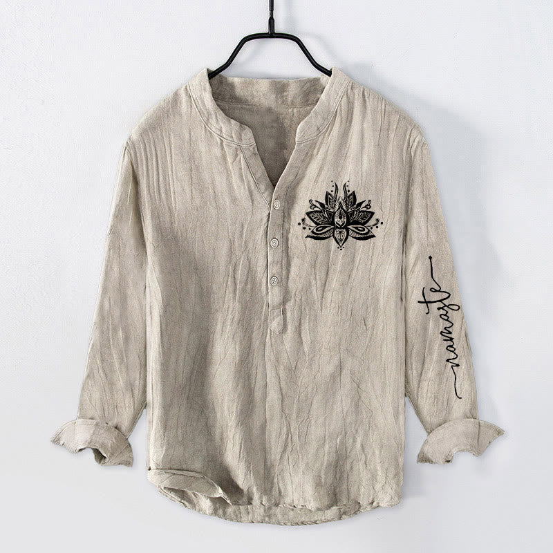 Buddha Stones蓮柄 ハーフボタン メンズ コットンリネン 長袖シャツ - リネン - US/UK/AU50、EU60 (5XL) - image 0