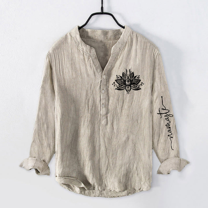 Buddha Stones蓮柄 ハーフボタン メンズ コットンリネン 長袖シャツ - リネン - US/UK/AU50、EU60 (5XL) - image 0