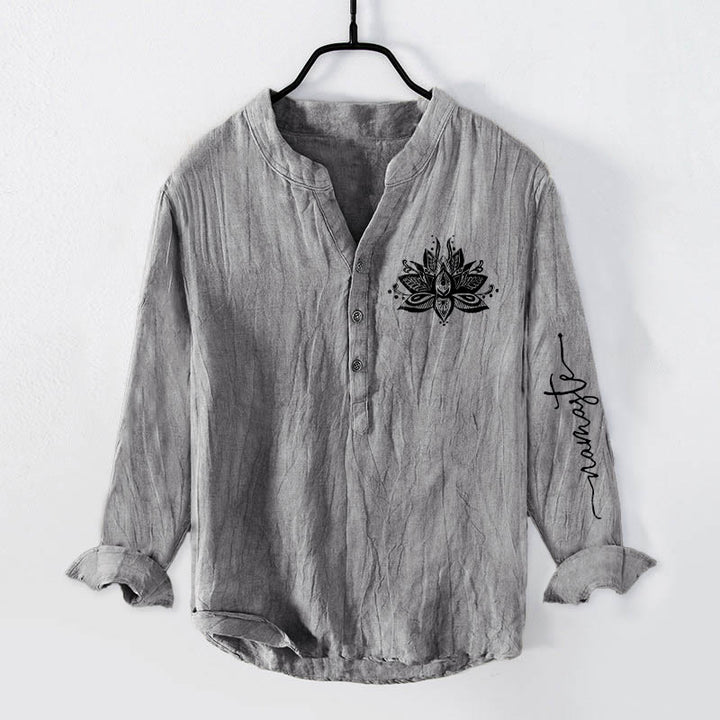 Buddha Stones蓮柄 ハーフボタン メンズ コットンリネン 長袖シャツ - グレー - US/UK/AU50、EU60 (5XL) - image 3